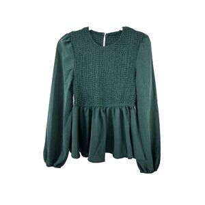 Hunter Green Smocked Peplum Top M Puff Sleeve Cottagecore Babydoll Peasant Soft